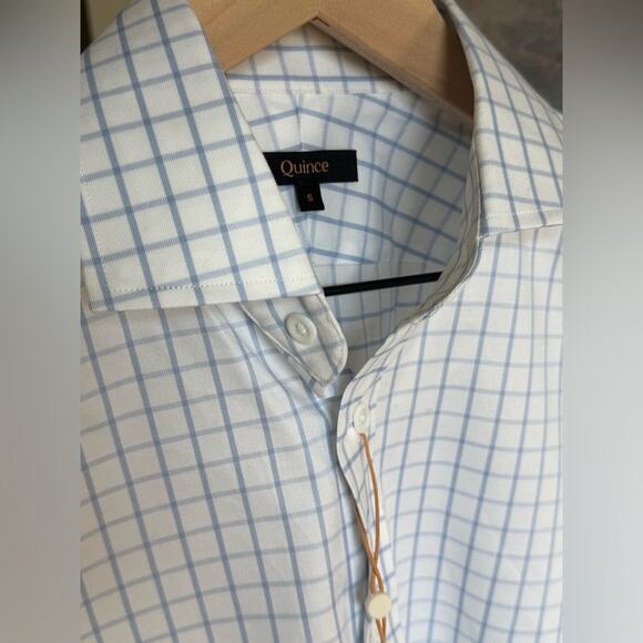 Quince Men’s Organic Cotton Stretch Twill Dress Shirt Light Blue Check Small - Picture 4 of 7